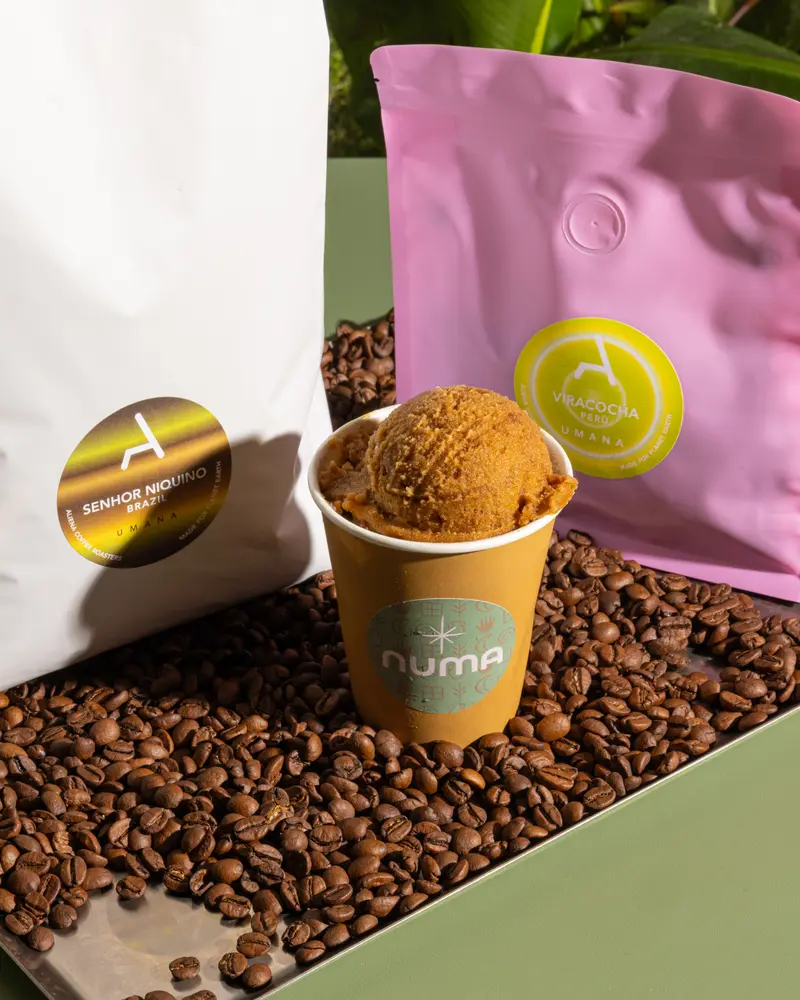Coppetta di gelato al caffè Numa su chicchi di caffè